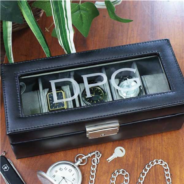 Dads Black Leather Watch Display Case For 5 Watches 