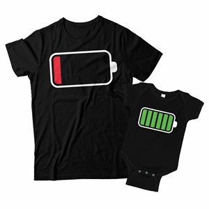 Low Battery and Battery Full Matching Dad and Baby Shirts 